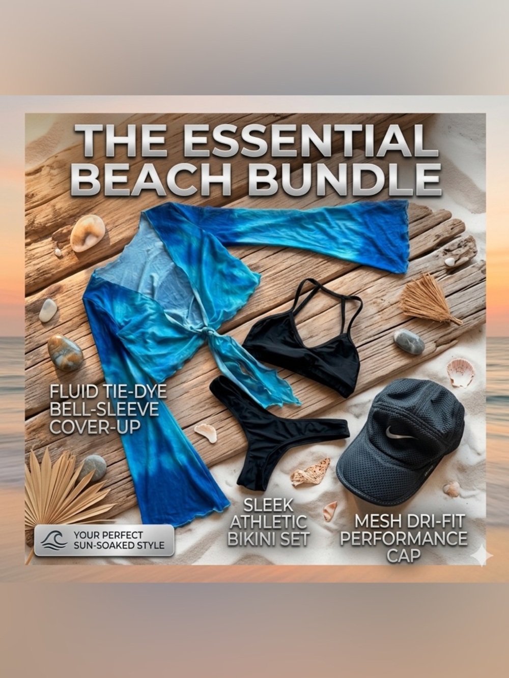 Black Athletic Bikini Set with Blue Tie-Dye Cover-Up. Nike Cap included.